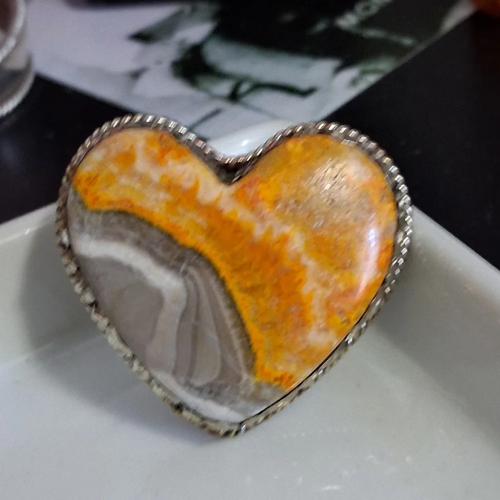 YELLOW JASPER HEART RING TIBETAN SILVER ADJUSTABLE 8-10